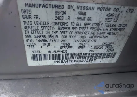 2005 Nissan Maxima 3.5 Sl из США, поврежденный, VIN 1N4BA41EX5C812893